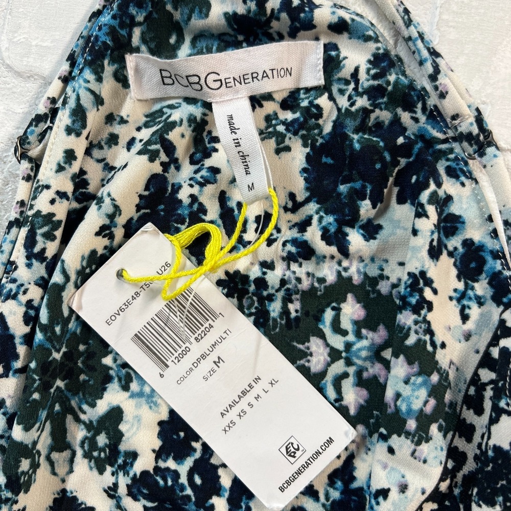 BCBGGeneration Dress Womens Medium Blue Floral Mini Draped Pocket Sleeveless NEW - Picture 13 of 15